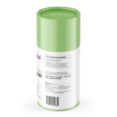 Femina™ Cookie Fresh Boric Acid Suppositories packaging with green lid, featuring product details and barcode.