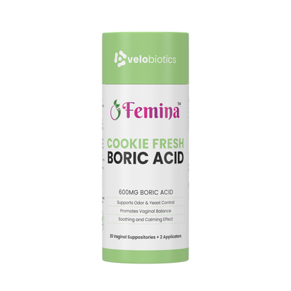 Femina™ Cookie Fresh Boric Acid Suppositories package with 600mg boric acid, promoting vaginal balance and odor control.