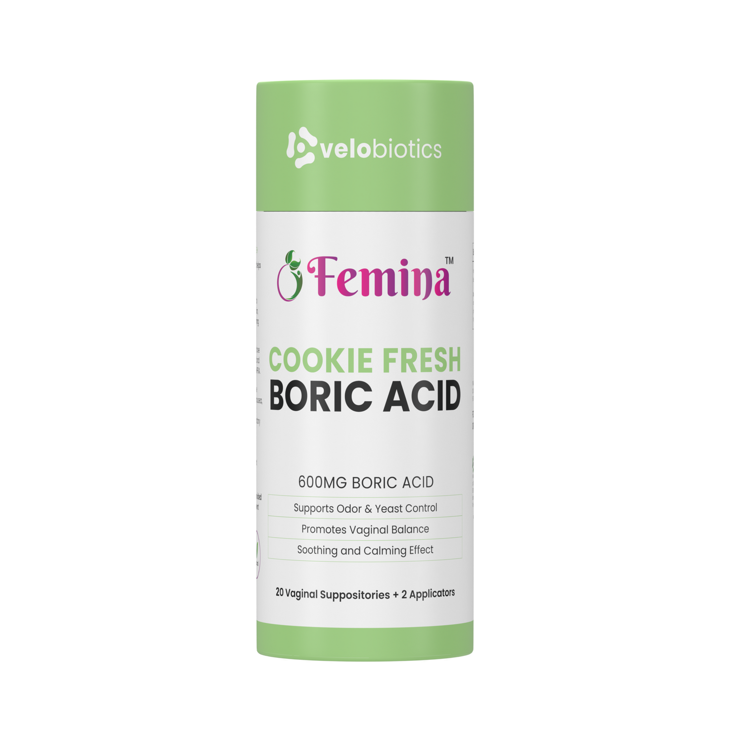 Femina™ Cookie Fresh Boric Acid Suppositories package with 600mg boric acid, promoting vaginal balance and odor control.