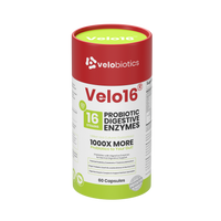 Velo16 Probiotics + Digestive Enzymes Complex supplement bottle with 16 probiotic strains for digestive health and nutrient absorption.