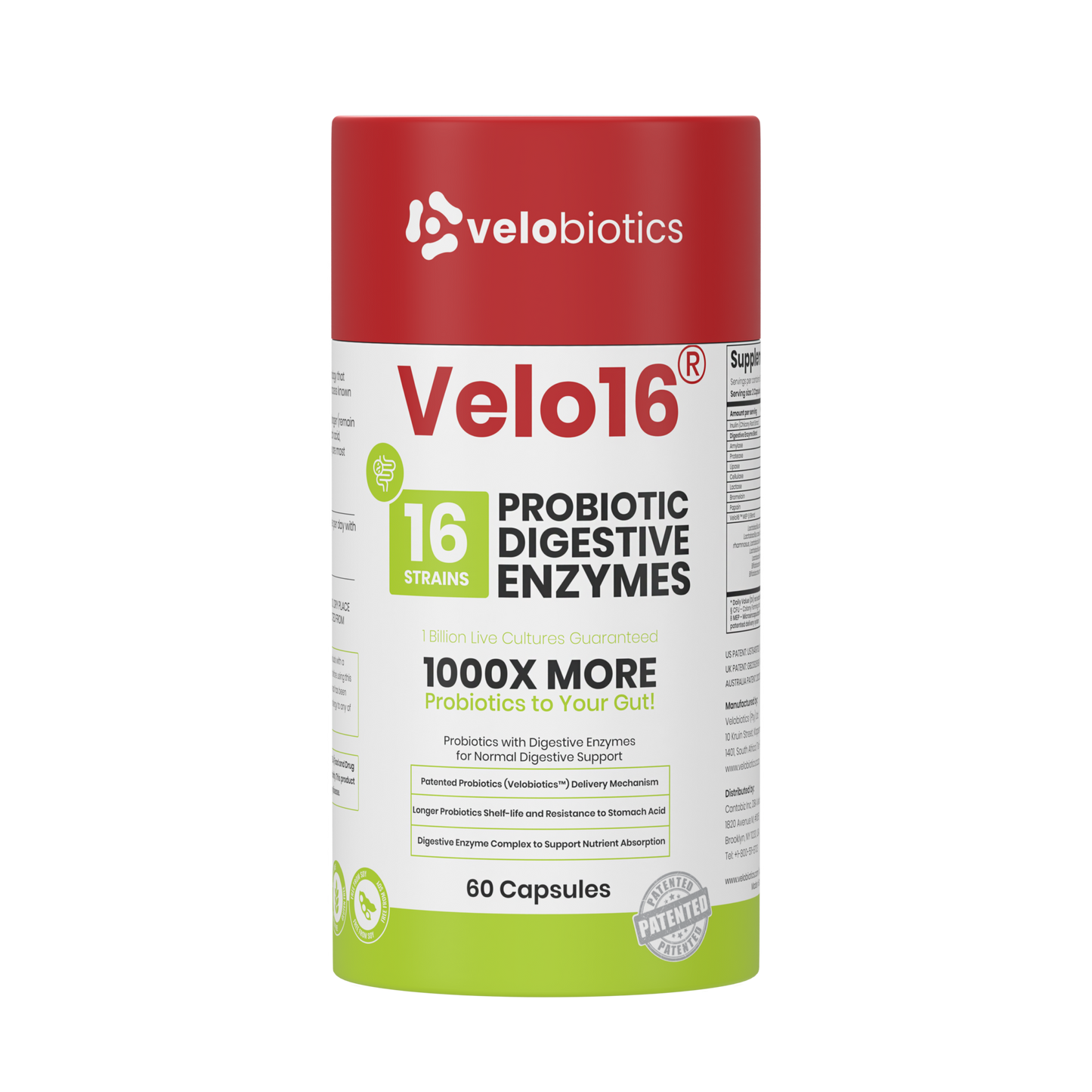 Velo16 Probiotics + Digestive Enzymes supplement bottle with 16 strains, 60 capsules for gut health and digestive support.