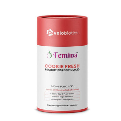 Femina™ Cookie Fresh Probiotics and Boric Acid Suppositories packaging.