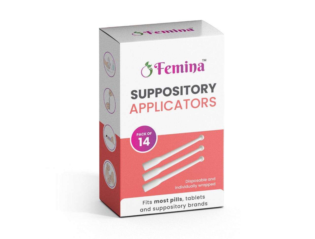 Femina™ Suppository Applicators box, pack of 14, featuring universal disposable applicators for comfortable and hygienic use.