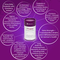 Femina™ Probiotic Capsules with cranberry extract for women's intimate and urinary tract health, featuring 10 probiotic strains and Velobiotics™ technology