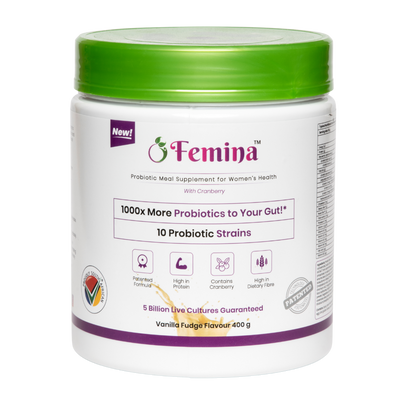 Femina™ Probiotics Meal Replacement 400g jar for women's health, featuring probiotics, cranberry extract, and Velobiotics™ technology.