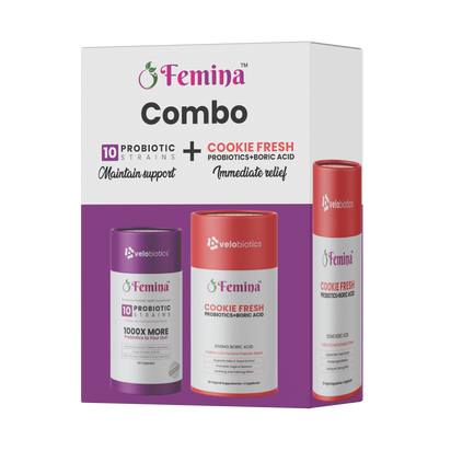 Femina COMBO Care probiotic capsules and Cookie Fresh suppositories for feminine intimate health support and immediate relief.