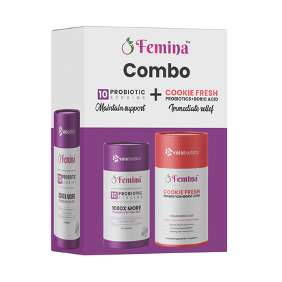 Femina COMBO Care probiotic capsules and cookie fresh suppositories for intimate health support and immediate relief