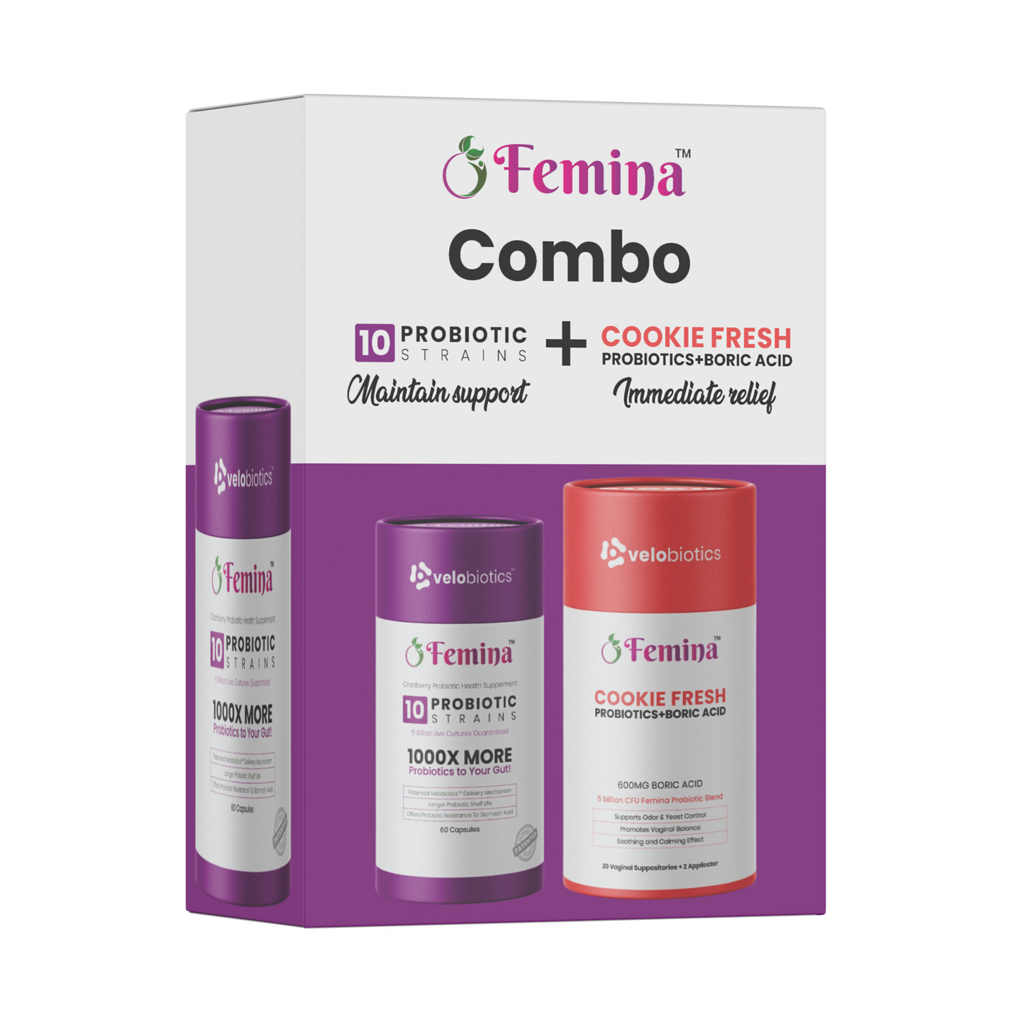 Femina COMBO Care probiotic capsules and cookie fresh suppositories for intimate health support and immediate relief