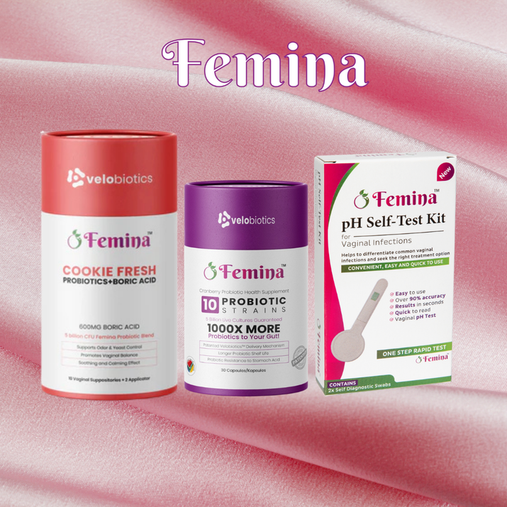 Femina Intimate Starter Pack with pH self-test kit, boric acid suppository, and 10-strain probiotic capsules for vaginal health and infection relief.