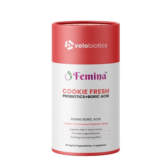 Femina Cookie Fresh Probiotics and Boric Acid Suppositories packaging.