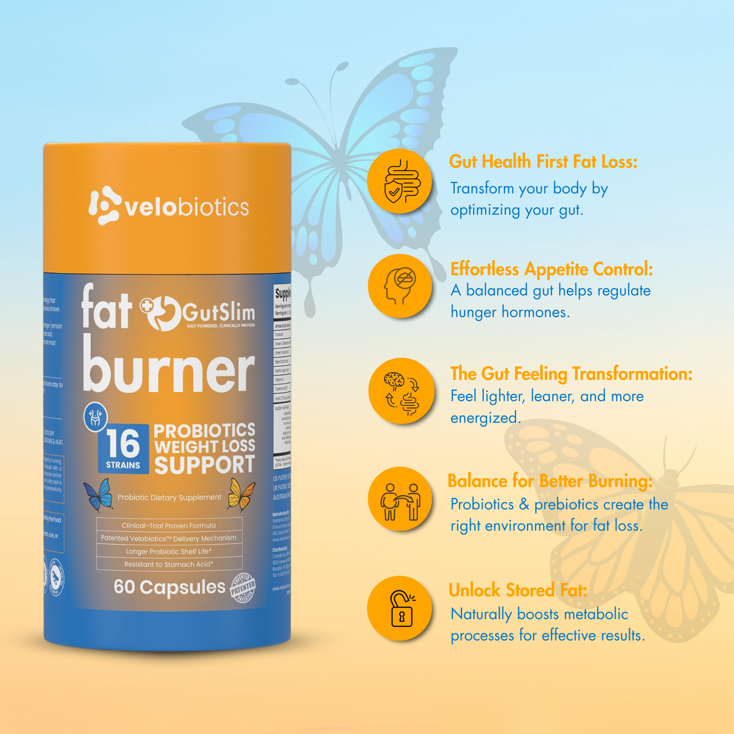 GutSlim Probiotics Fat Burner bottle and benefits illustration, promoting gut health for weight loss and improved energy.