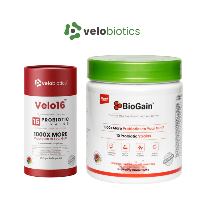 Velo16 Probiotic Digestive Capsules and BioGain Strawberry Probiotic Meal Replacement duo