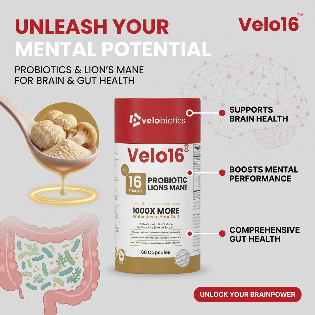 Velo16 Probiotics supplement with Lion's Mane for cognitive and gut health support