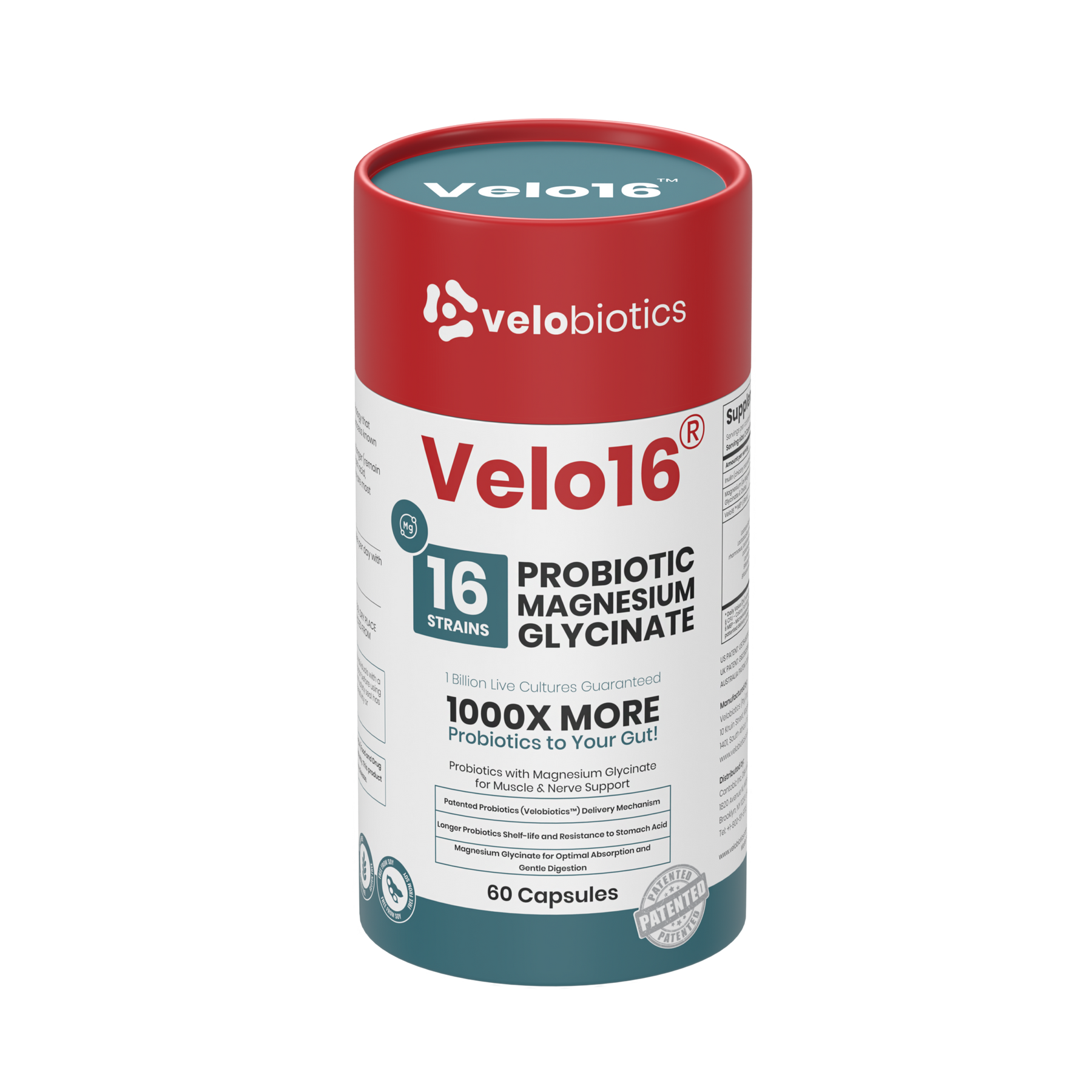 Velo16 Probiotics Magnesium Glycinate supplement bottle with 16-strain probiotic blend for gut health and muscle relaxation