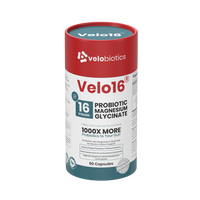 Velo16 Probiotics Magnesium Glycinate supplement bottle with 16-strain probiotic blend for gut health and muscle relaxation