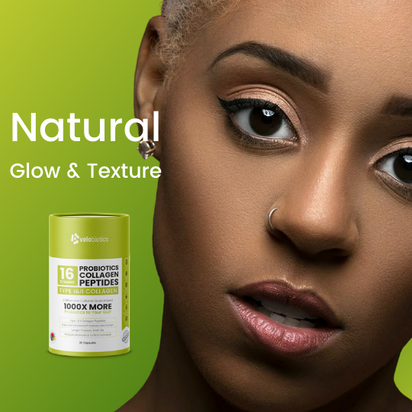 Velobiotics™ Probiotics Collagen Peptides for natural glow and texture, featuring green packaging and model.