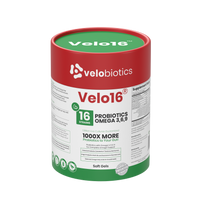 Velo16 Probiotics supplement container with Omega 3, 6, and 9 soft gels for gut health and cognitive support