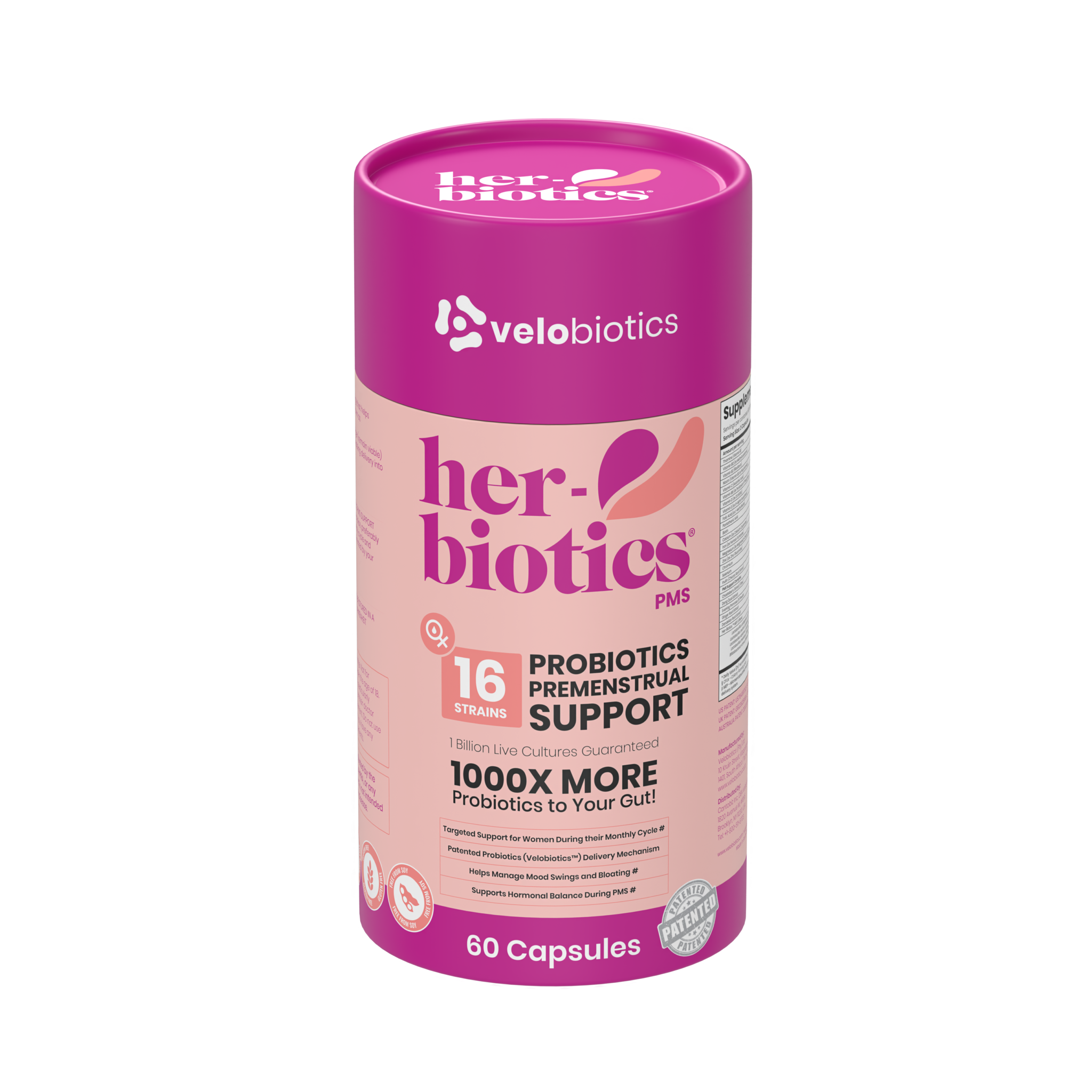 Her-Biotics PMS Support probiotic supplement for premenstrual symptom relief and hormonal balance, 60 capsules.