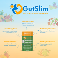 GutSlim Probiotics SuperGreens packaging with benefits for gut health, energy, immunity, and weight management.