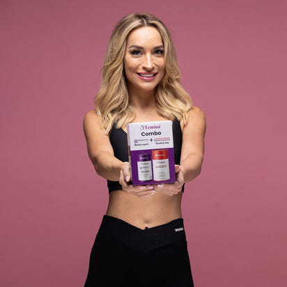 Woman holding Femina COMBO Care package for feminine intimate health and wellness with probiotics and cranberry extract
