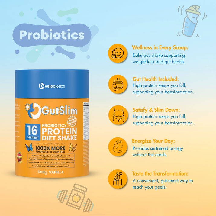 GutSlim Probiotics Diet Shake container and benefits illustration, promoting wellness, gut health, energy, and weight management.