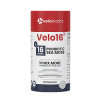 Velo16 Probiotics Sea Moss supplement bottle with 16 probiotic strains and sea moss for thyroid and gut health, 60 capsules.