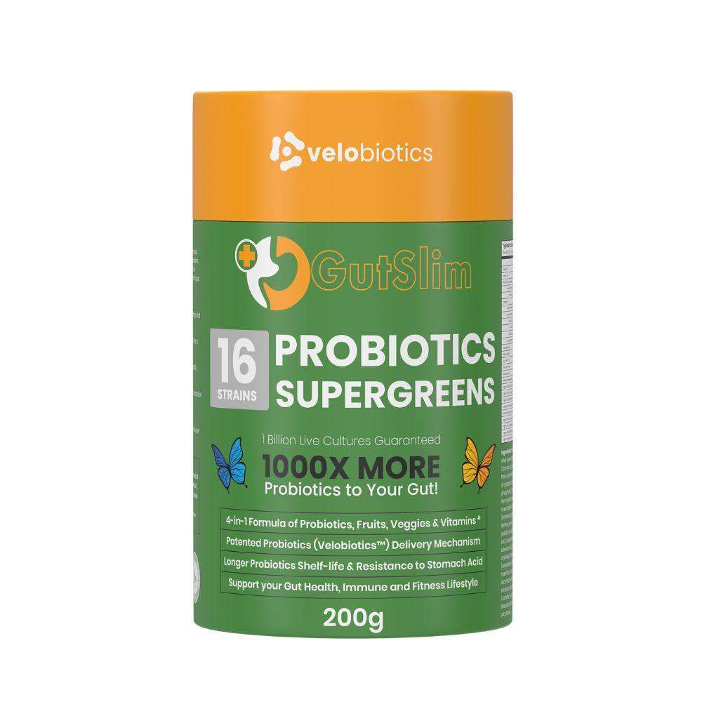 GutSlim Probiotics SuperGreens powder supplement for gut health, immune support, and energy boost.