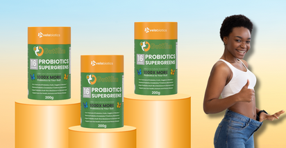 GutSlim Probiotics SuperGreens supplement for gut health and vitality with woman smiling.