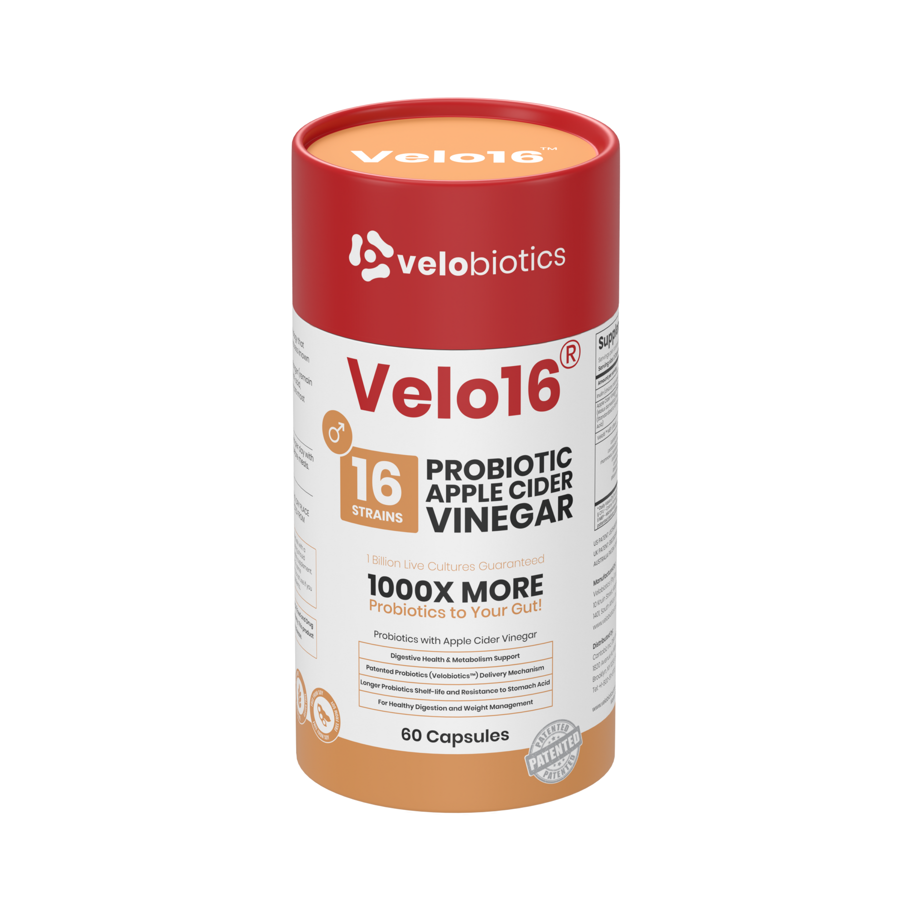 Velo16 Probiotics Apple Cider Vinegar supplement with 16 strains for digestion and metabolism support.