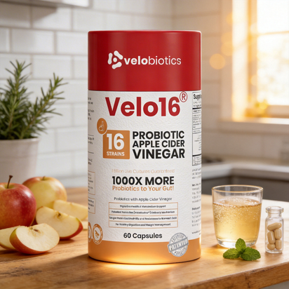 Velo16 Probiotics supplement bottle with apple cider vinegar and patented probiotic blend for digestive and metabolic health