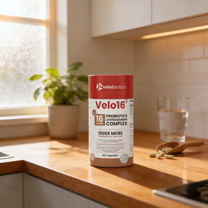 Velo16™ Probiotics Ashwagandha supplement bottle with natural stress relief and gut health benefits