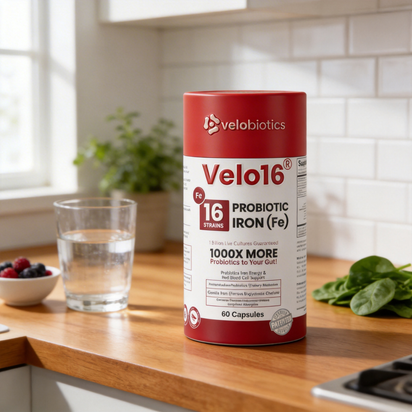 Velo16 Probiotics + Iron supplement bottle promoting gut health and energy support