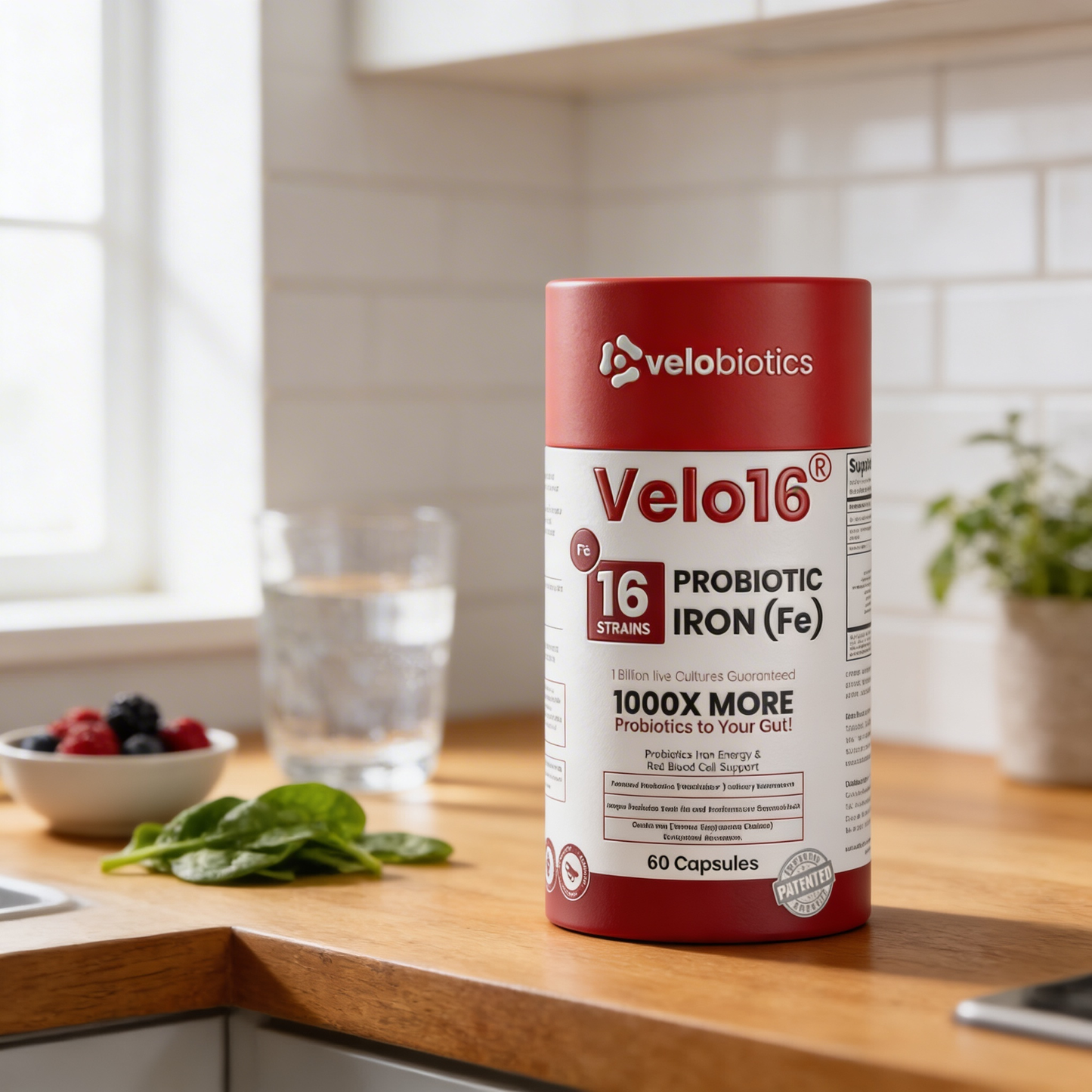 Velo16 Probiotics + Iron supplement bottle for gut health and energy support