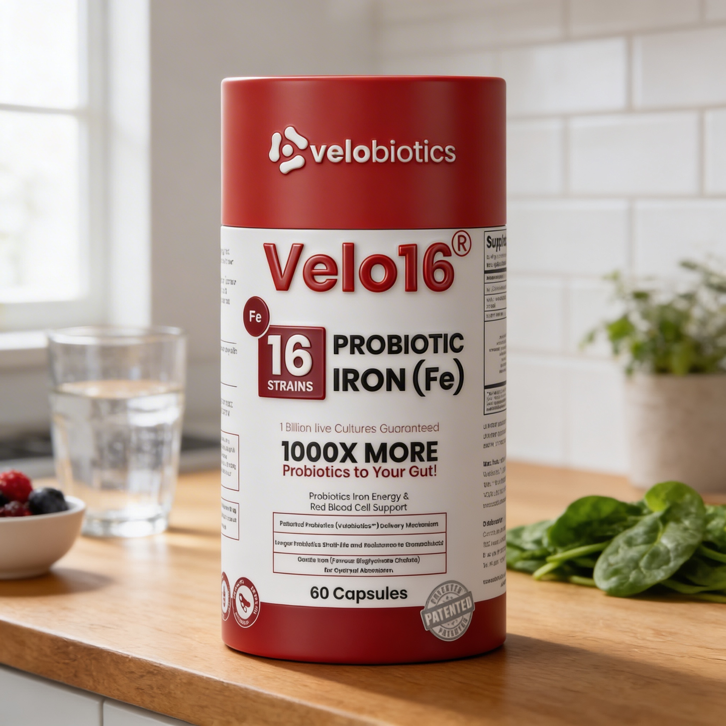 Velo16 Probiotics + Iron supplement bottle promoting gut health and energy support