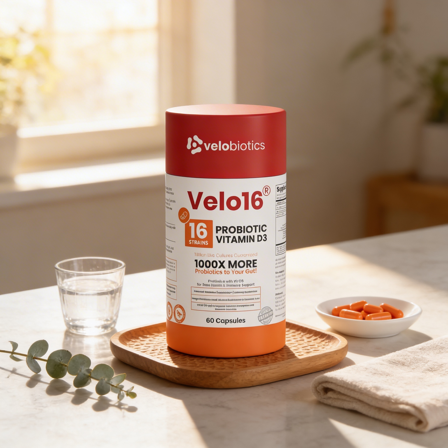 Velo16™ Probiotics bottle with Vitamin D3 for immune and bone health support