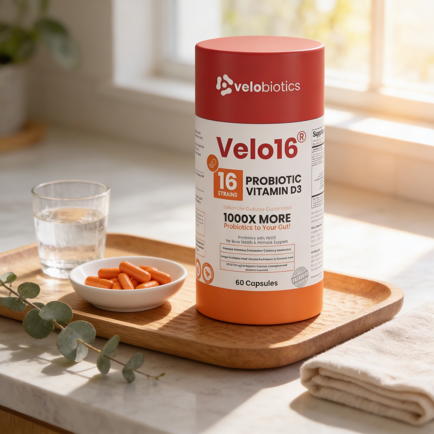 Velo16 Probiotics supplement with Vitamin D3 supporting gut health and immunity