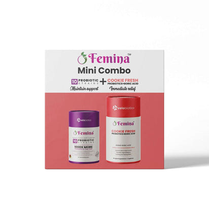 Femina™ Mini Combo packaging with probiotics and COOKIE FRESH for intimate health relief and support.