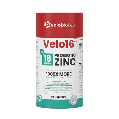 Velo16 Probiotics + Zinc supplement bottle with 16 strains and 60 capsules for gut health and immune support