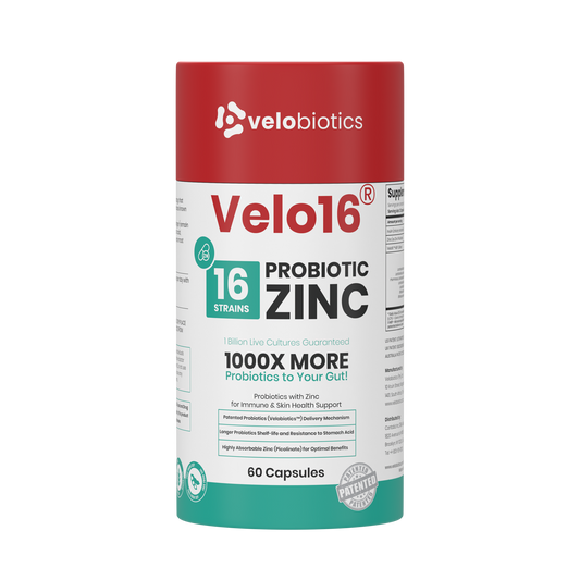 Velo16 Probiotics + Zinc supplement bottle with 16 strains and 60 capsules for gut health and immune support