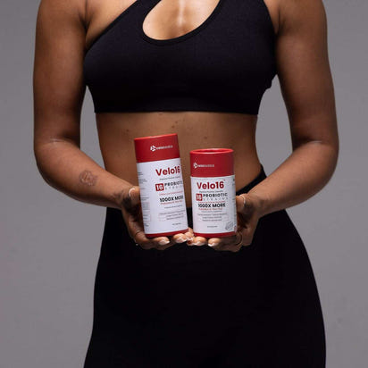 Velo16 Probiotic Capsules bottle with supplement facts and benefits for digestive health and immunity