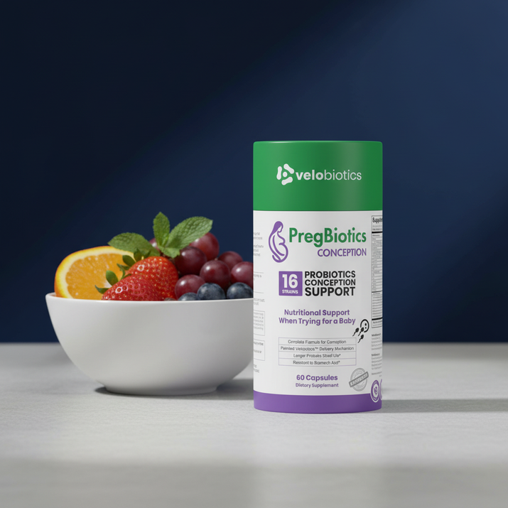 PregBiotics Conception probiotic supplement with 16 strains for conception support, featuring essential preconception nutrients and gut health benefits, 60 capsules.