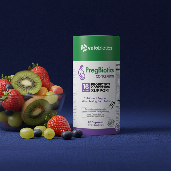 PregBiotics Conception probiotic supplement bottle with assorted fresh fruit on blue surface background