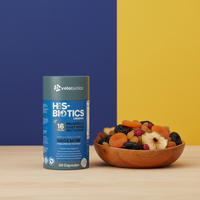 His-Biotics Original Capsules multivitamin probiotic supplement for men's gut health and vitality with 60 capsules and 16 probiotic strains.