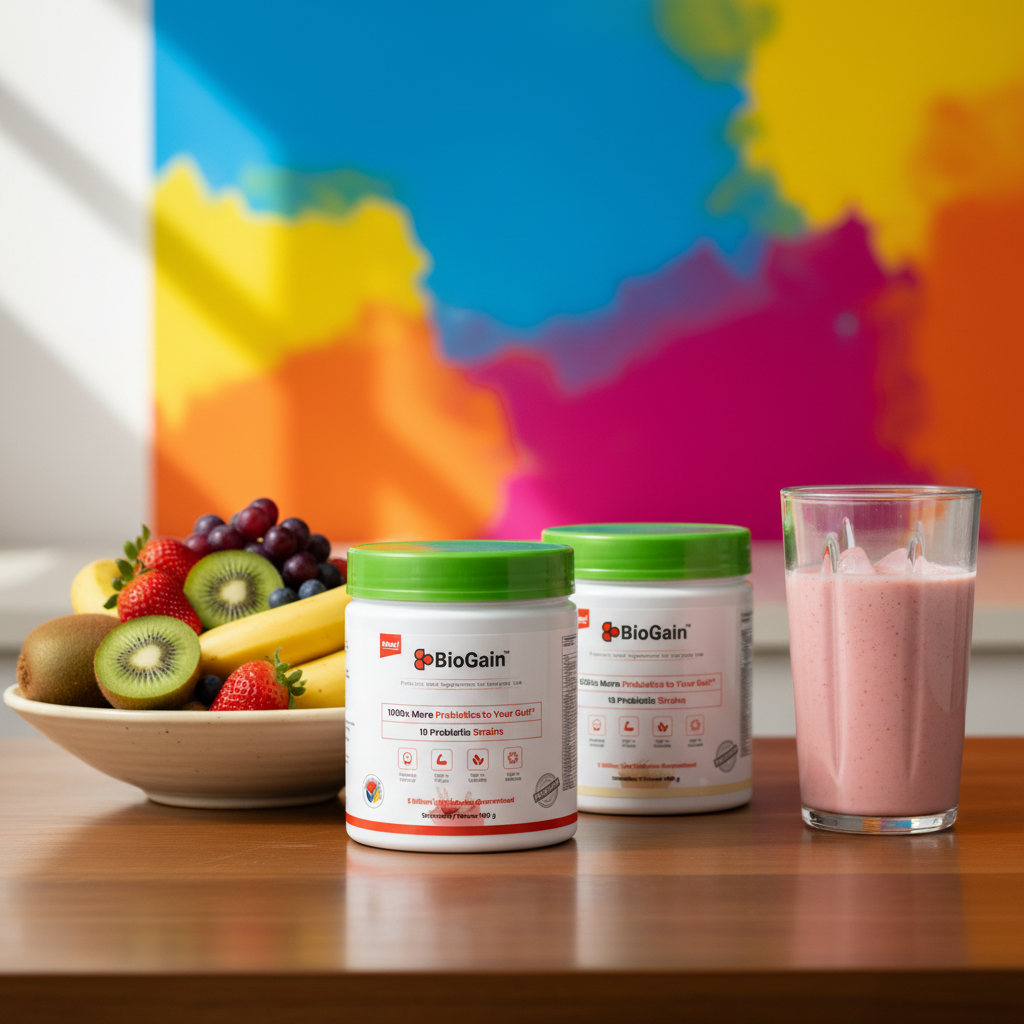 BioGain™ Probiotics Meal 400g supplement with probiotics, protein, and vitamins next to fresh fruits and a pink smoothie on a wooden table