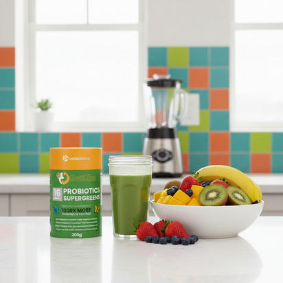 GutSlim Probiotics SuperGreens container with green smoothie and fresh fruit bowl on kitchen counter for gut health and energy.