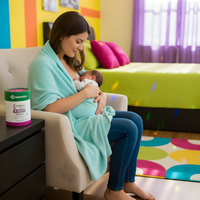 Mother breastfeeding baby wrapped in turquoise blanket with PregBiotics Breastfeeding supplement on table in colorful nursery room