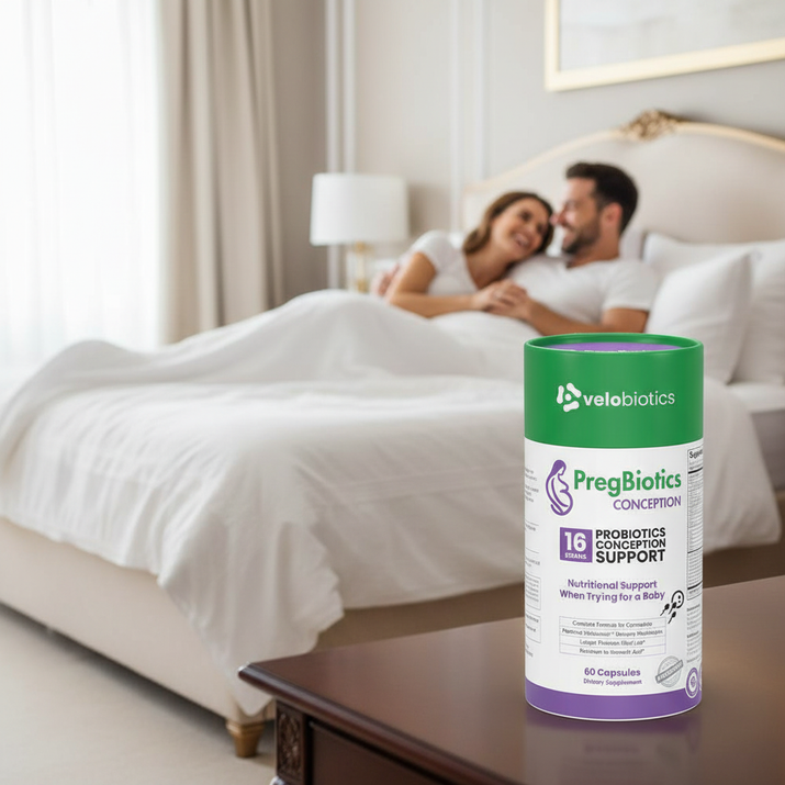 PregBiotics Conception probiotic supplement bottle on bedside table with couple in background, conception support vitamins and minerals for healthy pregnancy preparation
