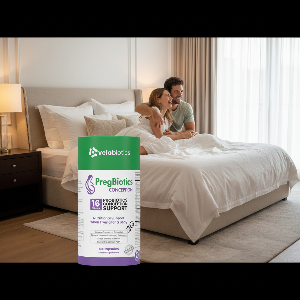PregBiotics Conception supplement bottle in bedroom setting with couple embracing on bed, supports gut health and preconception wellness.