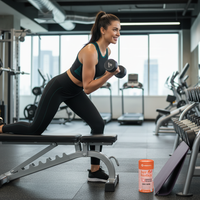 Active woman lifting weights in gym with Her-Biotics Sport Capsules for endurance and recovery visible on floor.