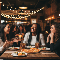 Women enjoying meal and drinks together in cozy restaurant atmosphere promoting Her-Biotics PMS Support for hormonal balance and PMS relief